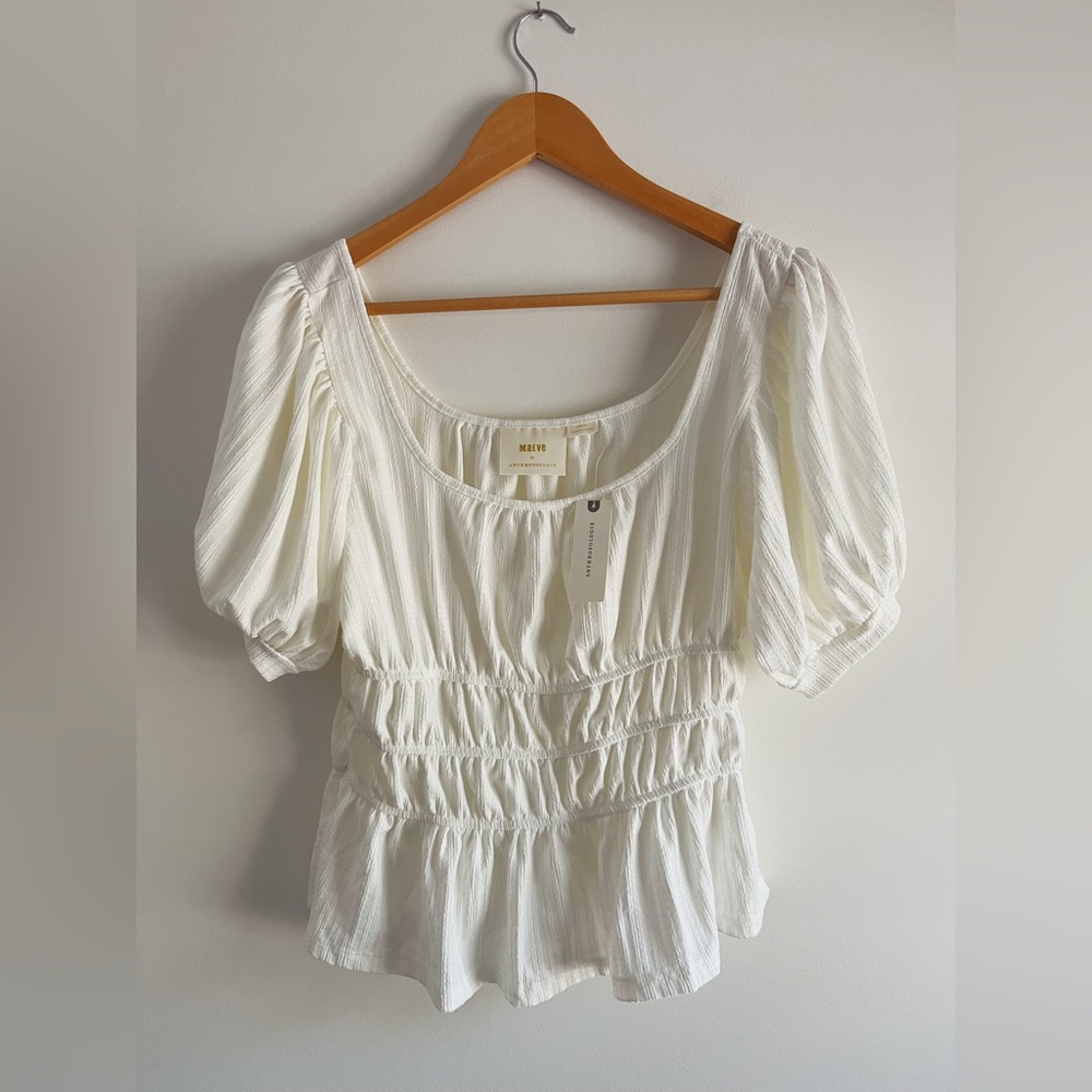 Maeve Cream Puff-Sleeve Smocked Waist Blouse